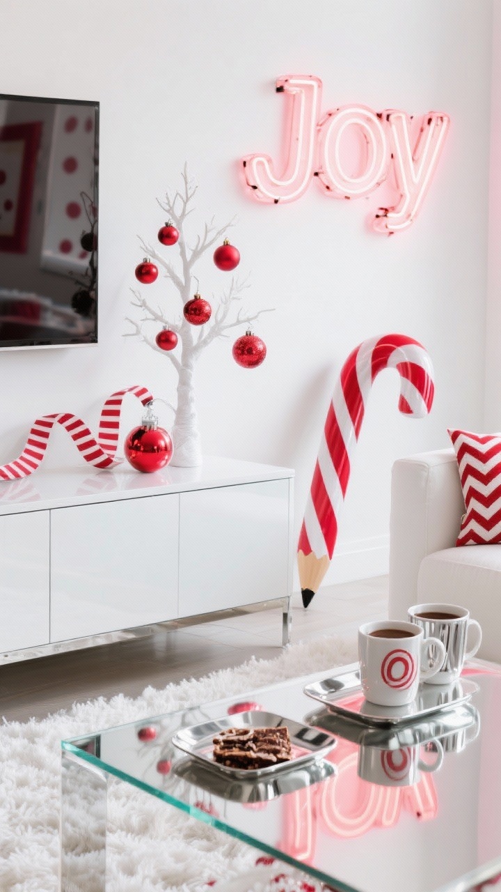 Photorealistic detail/closeup shot, straight-on: Candy Cane Pop Art Lounge vignette on a white lacquer media unit with a neon “Joy” sign glowing; crisp white backdrop with electric red and peppermint stripes reflected in glossy surfaces. Close view of a white pencil tree branch with red ornaments, oversized candy cane, and translucent acrylic bauble; striped ribbon spiraling visible in frame. Chrome and mirrored trays holding cocoa mugs and peppermint bark on a clear acrylic coffee table edge; graphic accents hinting in background (polka-dot and chevron pillow corners, snow-white shag rug). Bright, high-energy lighting with shiny finishes, no people.