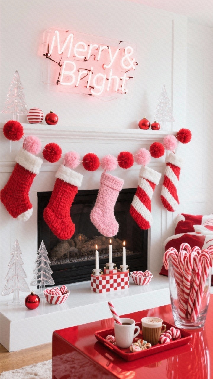 Photorealistic detail/closeup, straight-on crop of “Candy Cane Pop Art Play” mantle: a clean white mantle with an oversized striped felt-ball garland in red, blush, and white draped across. Chunky knit stockings in fire-engine red and pink with oversized pom-poms hang prominently. On the surface: acrylic trees, a playful checkerboard candle holder set, peppermint candy dishes; a few matte red ornaments scattered. Above, a modern neon sign reading “Merry & Bright” glows softly, reflected on glossy finishes. Off to the side, the corner of a glossy red lacquer tray loaded with hot cocoa fixings on a coffee table, and a giant glass vase packed with candy canes. Bright, graphic lighting with crisp highlights; red, white, and blush palette; Instagram-ready pop-art vibe.