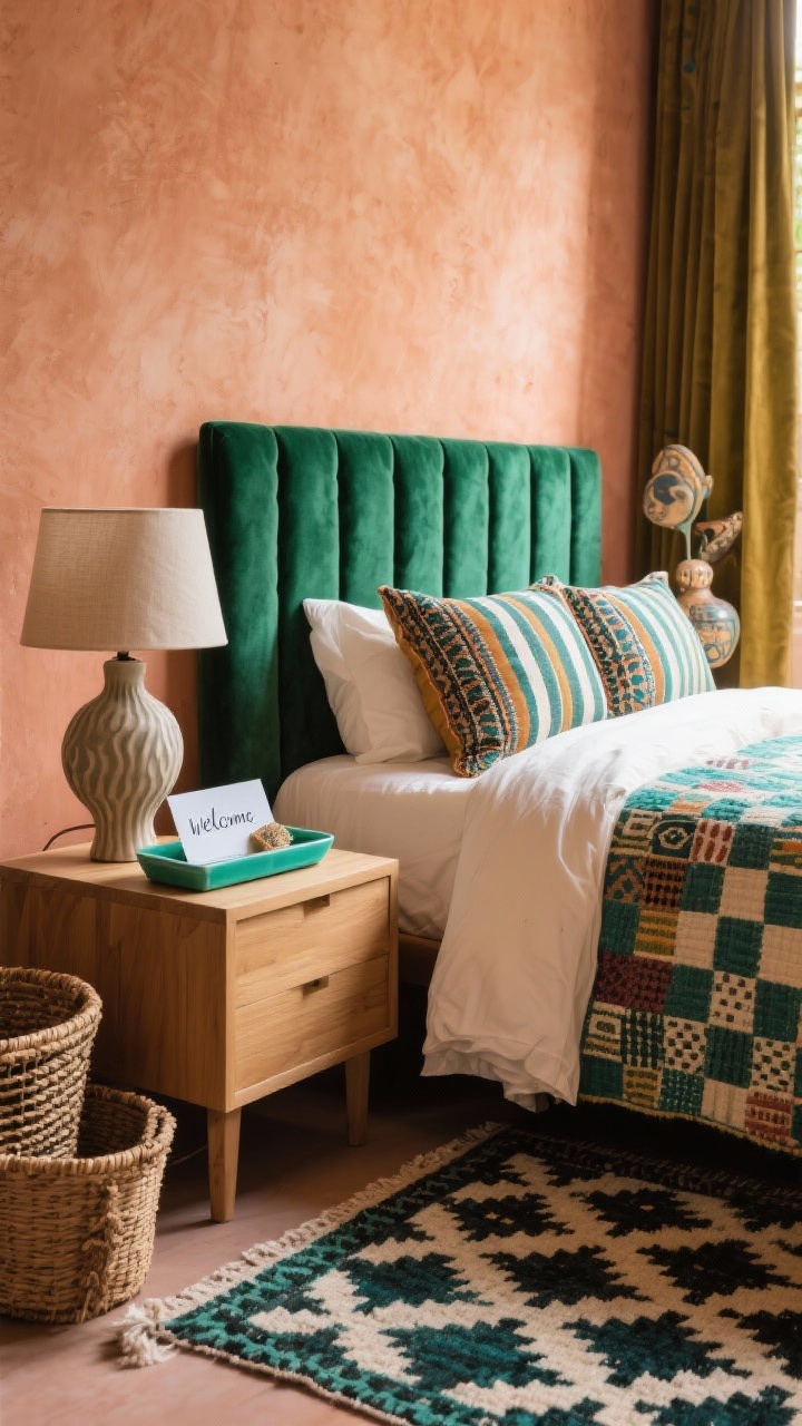 Photorealistic detail shot for a Color-Pop Eclectic Guest Oasis: warm clay walls behind a velvet channel-tufted headboard in emerald. Bed styled with a block-print quilt, ikat pillows, and a striped lumbar over cream sheets; light oak nightstand visible. On the nightstand, a sculptural ceramic lamp with a linen shade and a bright ceramic tray holding a welcome note and city guide. Edge of a Moroccan-style rug with a graphic diamond pattern at the bedside, woven baskets and a quirky vintage find blurred in background. Curtain color subtly nods to the headboard; soft daylight from the side, intimate closeup.