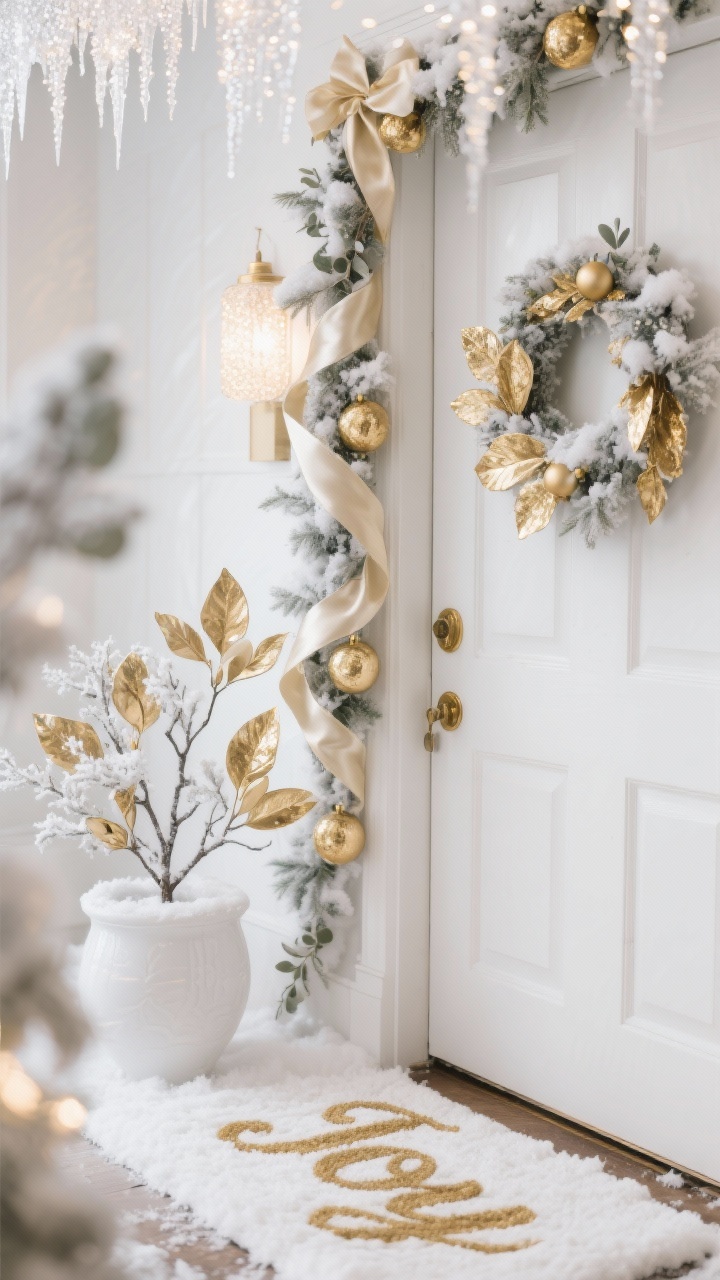 Photorealistic detailed closeup focusing on luxe winter-white textures and gold accents near the doorway: flocked garland dusted with faux snow weaving satin ribbon and gold baubles, frosted eucalyptus wreath with metallic gold leaves on the door edge in frame, white ceramic planter filled with frosted branches and gold spray-painted magnolia leaves slightly blurred in background, warm-white icicle lights softly glowing above, glittering “Joy” doormat in sculpted gold script at the bottom of frame; color story of winter white, champagne gold, soft ivory; elegant, luminous mood.