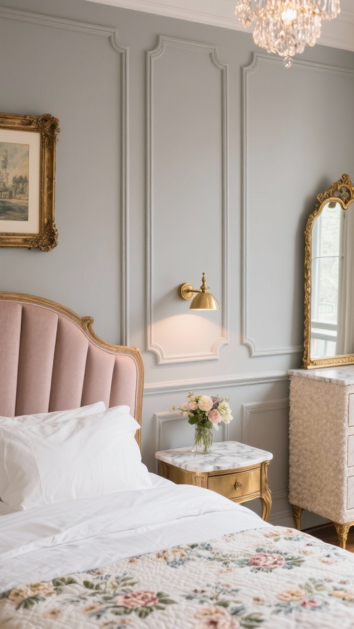 Photorealistic detailed closeup, Parisian Petite With Vintage Charm: a greige wall with peel-and-stick molding forming faux panels, part of a curved upholstered headboard in blush/taupe, antique brass picture light above framed artwork, edge of a marble-topped nightstand holding a small bouquet; glimpse of a gilded vintage mirror leaning above a slim dresser reflecting light; textures percale, boucle, marble, aged brass; crisp white bedding with a floral quilt folded tight; warm, elegant lighting from a petite crystal ceiling fixture out of frame adding sparkle; shot at slight side angle to emphasize paneling and brass patina.