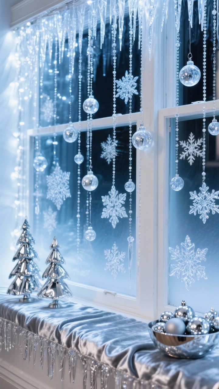 Photorealistic detailed closeup, straight-on to slightly low angle of an icy metallic window vignette: frosted window film with removable snowflake decals creating a crystalline backdrop; a silver velvet runner across the sill sprinkled with glass icicles; hanging at varied lengths in front of the glass are acrylic snowflakes and clear glass baubles, plus cascading strands of beaded garland like frozen rain; cool white LED fairy curtain lights behind for sparkling glow and reflections; include a small cluster of mercury glass trees and a bowl of silver ornaments at frame edge; colors: ice blue, silver, white, mirrored chrome; sleek, modern, twinkly nighttime mood with crisp highlights.