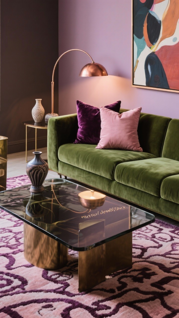Photorealistic detailed overhead “Artful Jewel Box” tabletop and sofa edge: hunter green couch arm with plush plum velvet pillows and a blush accent cushion nearby, burnished copper arc lamp base catching a warm glow, smoked glass coffee table surface reflecting light, patterned rug beneath with hints of plum and blush, deep taupe/soft mauve wall color subtly visible at frame edge, sculptural ceramics and a corner of a bold abstract painting implied, intimate rich lighting, luxurious textures emphasized, no people.
