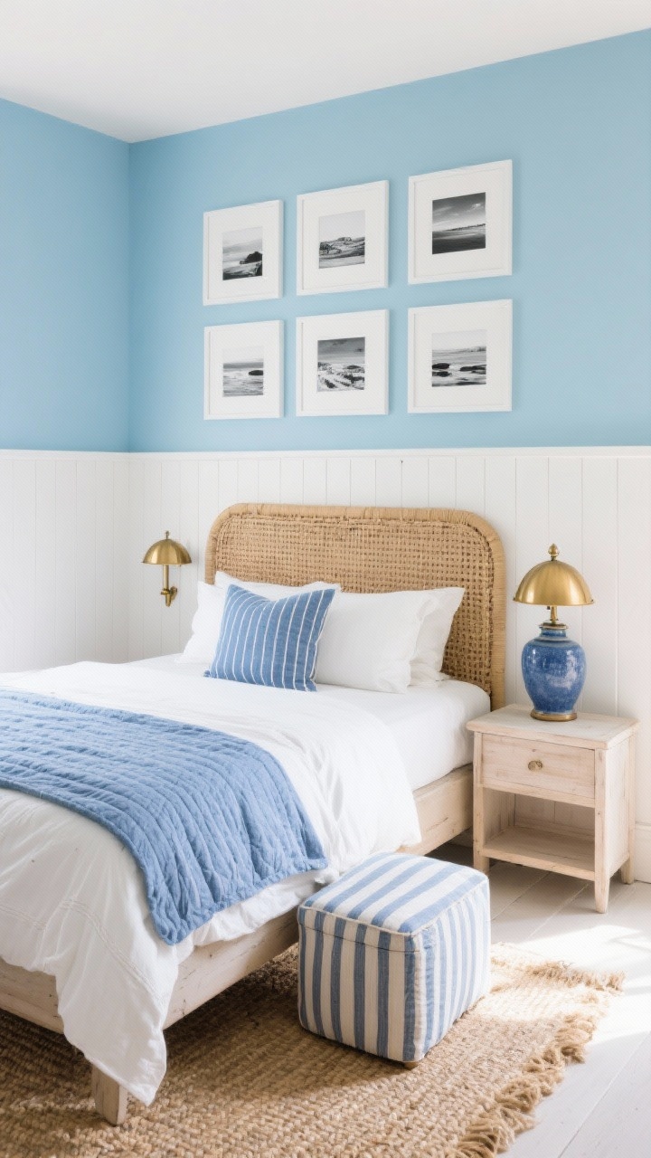 Photorealistic detailed vignette, Coastal Crisp With Breezy Blues: pale sky blue wall with a white beadboard half wall behind, whitewashed wood bed with a woven rush headboard, white percale sheets topped with a striped blue quilt, brass dome sconce and ceramic indigo lamp flanking the bed, seagrass rug edge visible, small striped ottoman at foot; gallery of coastal black-and-white photos in white frames arranged neatly above; palette sky blue, white, sand, indigo, brass; textures percale, rush weave, ceramic, seagrass; bright natural daylight for fresh, airy mood; shot from a slight side angle focusing on textures and gallery alignment.