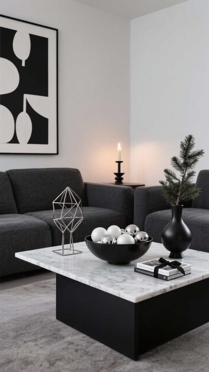Photorealistic medium closeup, low-angle corner view in a sleek modern living room: charcoal sectional, black-and-white abstract art, and a low-profile black coffee table. On the table sits a rectangular marble slab base. Arranged on it: a black metal bowl filled with white ornaments in mixed matte and glossy finishes, a geometric metal tree sculpture, and a single sculptural evergreen branch in a matte black bud vase. One LED taper glows in a black candlestick; a small stack of photography books is tied with a black ribbon. Palette: matte black, ivory, high-contrast neutrals. Lighting: crisp, controlled with a warm modern candle glow. Mood: restrained, architectural, clean shapes; no people.