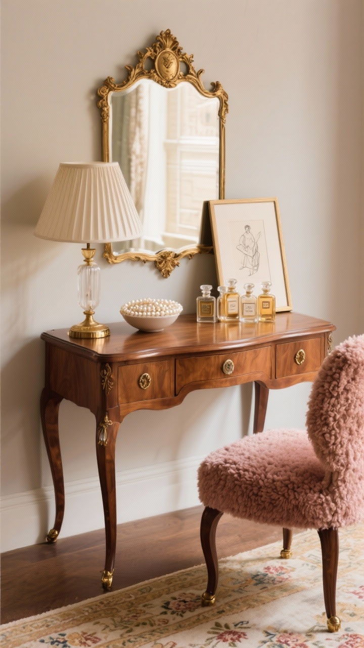 Photorealistic medium closeup of a Parisian chic vanity vignette: a petite antique dresser in warm walnut/mahogany with curved legs and vintage brass or glass knobs, topped with a pleated table lamp (ivory shade), a bowl of pearls, and clustered vintage perfume bottles. Above, a gilded ornate mirror with a delicate crest reflects soft, romantic light. Leaning against the mirror, a small framed sketch. In the foreground edge, a bouclé accent chair and a glimpse of a faded Persian floral rug anchor the scene. Palette of cream, caramel, dusty rose, and antique gold. Rich, romantic mood.