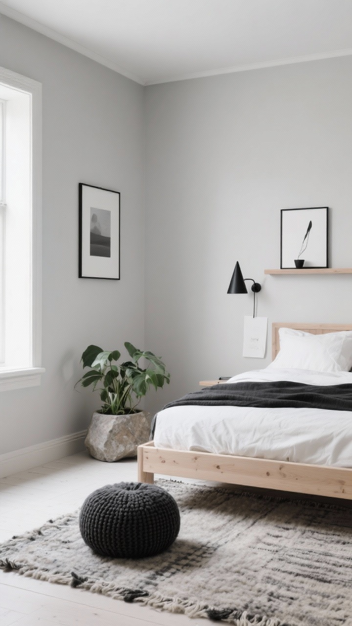 Photorealistic medium corner angle of a Scandi bedroom painted in soft greige, featuring a light ash wood bed with simple lines and calm monochrome bedding; cone-shaped matte black sconces add crisp contrast; a gallery ledge holds minimalist prints; a wool flatweave rug spans the floor; a charcoal knit pouf tucked into the corner; include a stone planter with a lush green plant; textures: cotton, wool, unfinished wood, paper, stone; soft natural daylight for a serene mood.