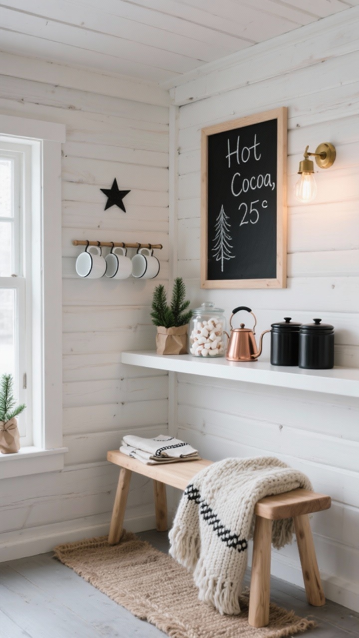Photorealistic medium corner shot: a Nordic cabin cocoa bar vignette with a matte blackboard framed in pale unfinished wood reading “Hot Cocoa, 25¢” in clean chalk script, minimal fine-line chalk trees and a simple star; below, a narrow white console holds white enamel mugs on a wall-mounted mug rack, clear jars of marshmallows, and a copper kettle; palette of soft whites, ash gray, black, and natural wood with subtle pops of pine green from mini pines wrapped in kraft paper; a light oak stool with a chunky knit throw draped over it, jute runner underfoot; matte black canisters, linen napkins with black stitching; warm café glow from a single brass sconce centered above the blackboard; organized, Scandi simplicity, no people.