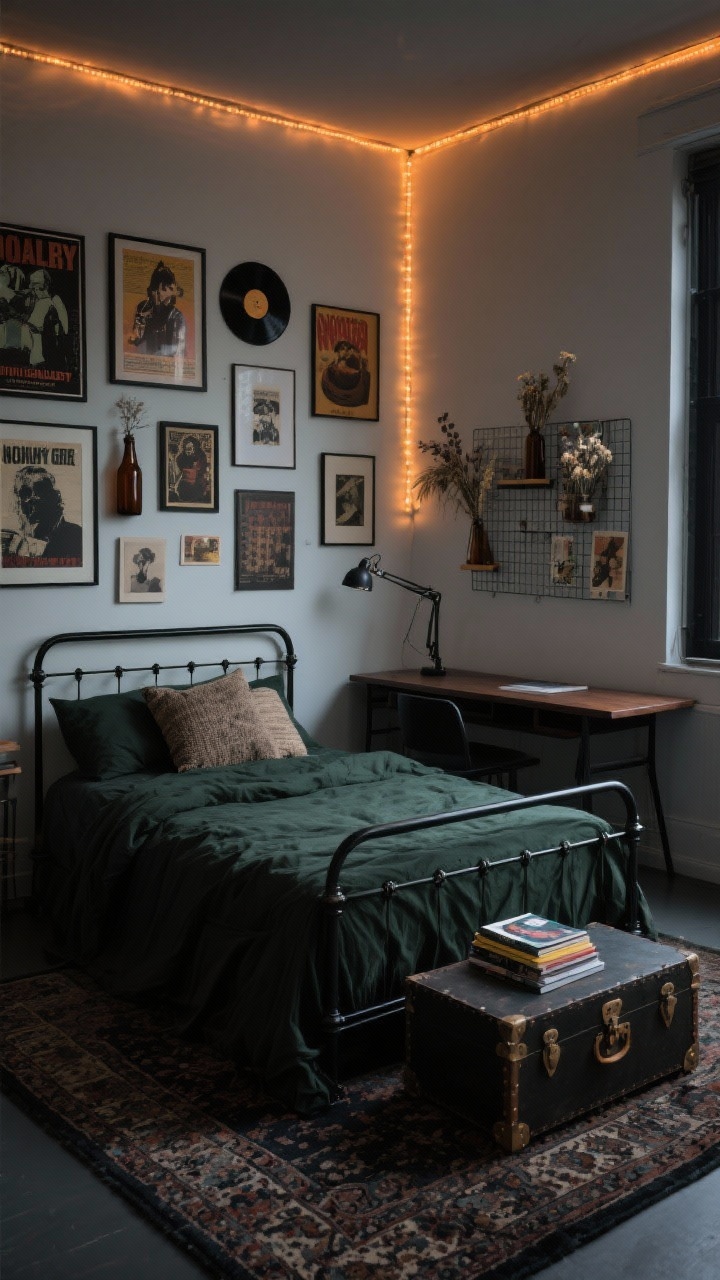 Photorealistic medium corner shot of a Moody Indie Gallery room: black metal bed frame with a deep charcoal or forest green duvet; dark distressed Persian-style rug; a layered gallery wall of band posters, vintage postcards, and DIY art in mismatched frames; warm amber LED strip lights tracing the wall and a clamp lamp for a studio feel; black or walnut desk with a wire grid board above; vinyl display rack, dried flowers in brown bottles, textured throw pillows; a trunk or storage ottoman at the bed with a small stack of art books/zines on top. Low, moody evening lighting.