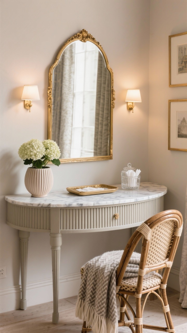 Photorealistic medium corner shot of a Parisian chic vanity: a curved, fluted console finished in warm greige, gilded arched mirror above, flanked by petite picture lights. Surface styling includes a marble tray, ribbed ceramic pot with a miniature hydrangea, and a cut-glass jar for cotton pads. A French bistro-style caned rattan chair with a herringbone wool throw draped over the back. Pale mushroom and greige tones, fluting, gilded frames, marble, cane textures; warm, softly layered lighting.