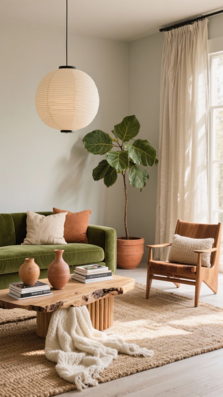 Photorealistic medium corner view of a California organic modern scene featuring a green velvet sofa with linen pillows in sand, oat, and clay; spindle-wood armchair in walnut with a bouclé cushion; live-edge coffee table on a layered jute/wool rug; oversized paper lantern pendant overhead; tall fiddle-leaf fig in a terracotta planter; ceramic vases, stacked design books, and an ivory textured throw; soft greige walls with floor-kissing linen drapes; warm, sunlit ambiance, no people
