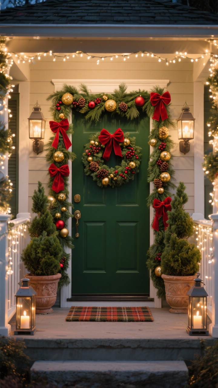 Photorealistic medium front-porch shot, straight-on view: a deep forest-green door wrapped in thick natural cedar garland layered with red velvet bows and golden ornament clusters; matching urn planters with mini evergreens on either side, flanked by hurricane lanterns holding battery-lit candles; porch railings framed with warm-white twinkle-light garlands; a lush berry-and-pinecone wreath on the door; a plaid doormat anchoring the entry; a pair of symmetrical topiary trees trimmed with satin ribbon; warm white string lights and lantern glow create classic red, gold, and green elegance; textures of velvet bows, glossy ornaments, and fresh cedar clearly visible; no people, nightfall ambiance.