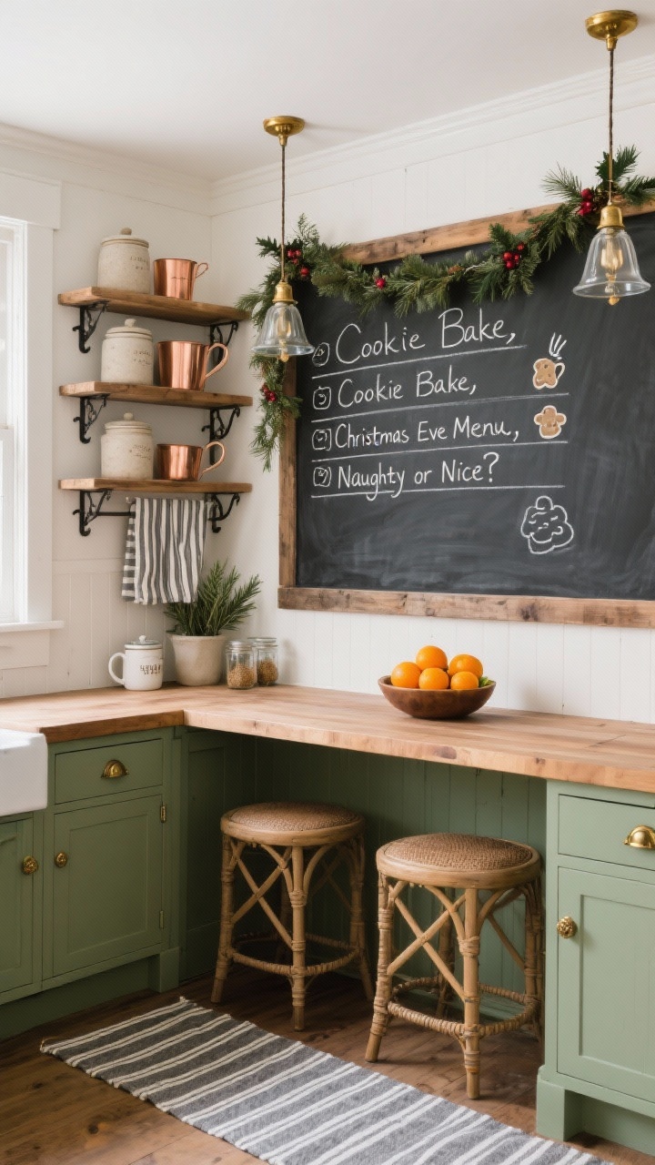 Photorealistic medium kitchen nook from a corner angle: a wide blackboard mounted above a rustic butcher-block island, handwritten sections reading “Cookie Bake,” “Christmas Eve Menu,” and “Naughty or Nice?” checklist, with simple chalk garlands on the border and small icons (cookies, steaming mugs, holly sprig); warm whites and sage green cabinets with antique brass hardware; woven cross-back barstools tucked at the island, ticking-stripe runner on the floor, a bowl of bright clementines for pop color; open wood shelves with iron brackets displaying stoneware canisters, copper measuring cups, and striped tea towels; small jars with sprigs of rosemary; bell-shaped glass pendants with brass caps casting warm farmhouse sparkle; cozy and functional, no people.