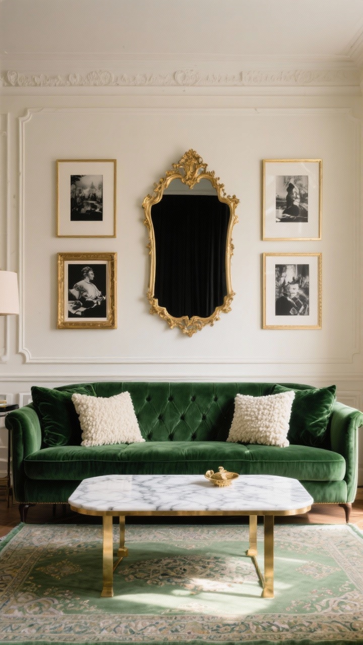 Photorealistic medium “Parisian Noir” vignette: emerald green velvet couch beneath cream walls with subtle picture molding, black-and-white art in antique gold frames arranged salon-style, marble-topped coffee table (white marble) reflecting soft light, black-and-gold mirror above, cream velvet and boucle pillows layered on the sofa, Persian-style rug with delicate hints of green, brass accents glinting, gentle afternoon light, refined boutique-hotel elegance, straight-on framing, no people.