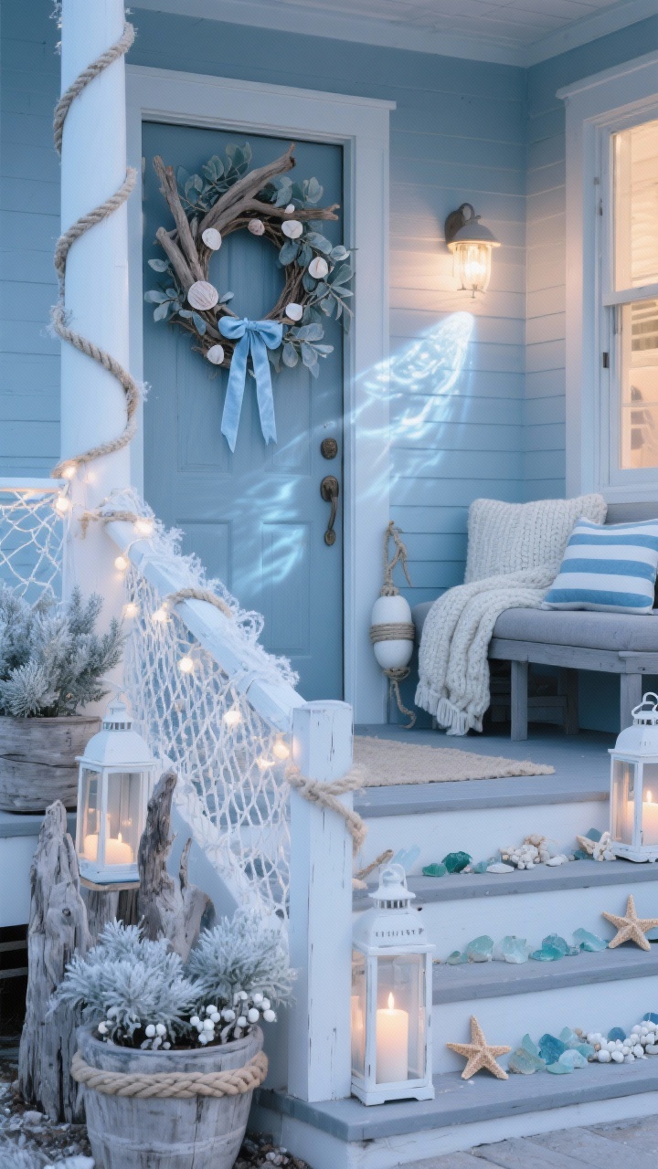 Photorealistic medium porch shot of a Coastal Frosted Nautical look at blue hour, straight-on: a weathered driftwood wreath layered with frosted eucalyptus, tiny shells, and a pale blue velvet ribbon on the door; frosted garland draped along the railing with cool white netted string lights; whitewashed lanterns lining the steps filled with sea glass, starfish, and candles; a soft gray outdoor bench with chunky knit throws and striped pillows in ice blue and sand; planters with dusty miller, silvery cedar, and white berries; rope-wrapped buoys by the door; a subtle projector casting shimmering “waterlight” ripples across the facade. Color palette: ice blue, white, sand, driftwood gray. Textures: rope, weathered wood, frosted greenery. Cool, soft coastal glow.
