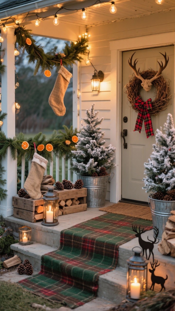 Photorealistic medium porch vignette, warm rustic glow from an angle: pine-and-cedar garland draped with warm Edison-style string lights; antler-inspired or twig wreath with plaid ribbon on the door; steps styled with firewood crates, lanterns holding faux candles, and metal deer silhouettes for storybook charm; burlap stockings hung from the porch rail; pinecones and orange-slice garlands tucked into the greenery; two flocked pines in galvanized buckets; a buffalo-check runner underfoot; deep green, brown, cream, and touches of red plaid; materials of burlap, galvanized metal, wood; cozy evening light from Edison bulbs and lanterns; no people.