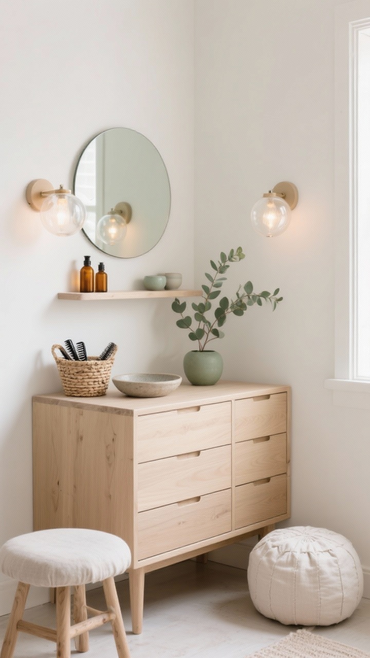Photorealistic medium shot at a gentle corner angle of a Scandinavian-inspired vanity: a minimalist light-oak cabinet with flat fronts and shallow divided drawers, topped by a round frameless mirror. Warm, airy palette of oat, soft white, and a hint of sage. Frosted globe sconces on either side give a soft, diffused glow. Above, a small floating shelf holds simple ceramics and a couple of amber bottles; below, a woven basket neatly stores hair tools. A linen-upholstered stool sits tucked in. Accents: a stoneware dish, a eucalyptus sprig, and a small cotton pouf nearby. Calm, clutter-free styling.
