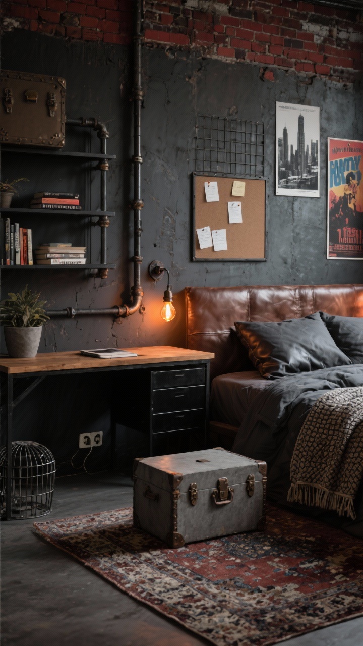 Photorealistic medium shot capturing Urban Industrial Loft vibes around the desk and bed: charcoal, tobacco brown, brick red palette with metal and leather textures. Bed with dark gray duvet, faux leather lumbar pillow, textured waffle blanket. Black metal desk with wood top; grid memo board above with notes. Pipe-style shelving with books and a concrete-look planter; trunk coffee table at the foot of the bed. Vintage concert posters and black-and-white city photography on exposed-like wall. Rug with worn Persian/distressed pattern underfoot. Caged plug-in sconces with amber-glow Edison bulbs on, moody evening lighting, slightly gritty atmosphere, side angle.