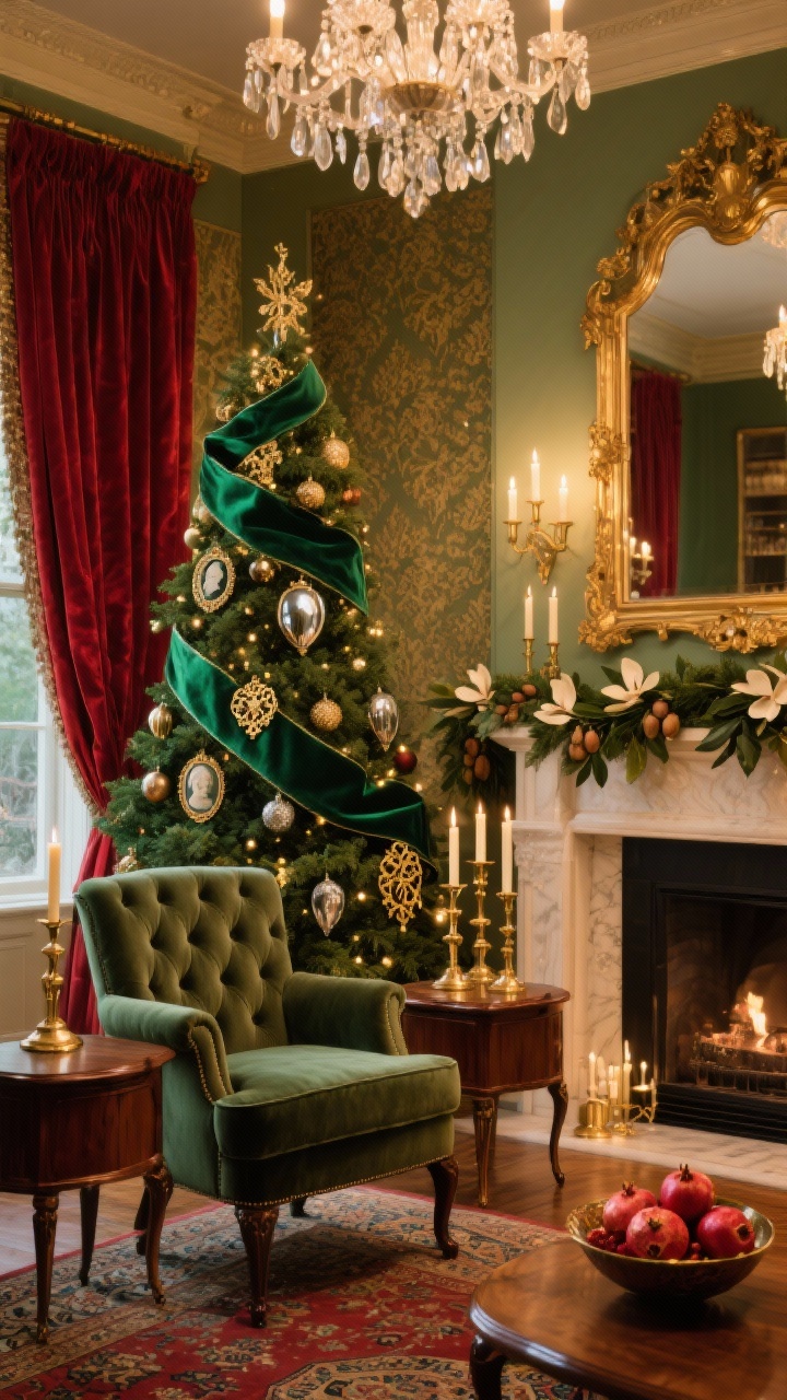Photorealistic medium shot from a corner angle of a Gilded Classic Parlor: deep greens, ruby reds, and antique gold over rich woods and velvet. A full-bodied evergreen tree wrapped in emerald velvet ribbon with ornate ornaments—mercury glass, cameo silhouettes, gold filigree. Foreground shows a tufted velvet armchair beside mahogany side tables; brass-framed mirror above a mantel. Damask or velvet curtains frame the scene; Persian-inspired rug partly visible. Decor includes garland swags with bay leaves and magnolia pods, brass candlesticks, and a bowl of pomegranates. Layered lighting: crystal chandelier dimmed low, mantel taper candles, tree lights on a warm gold setting; opulent yet cozy, no people.