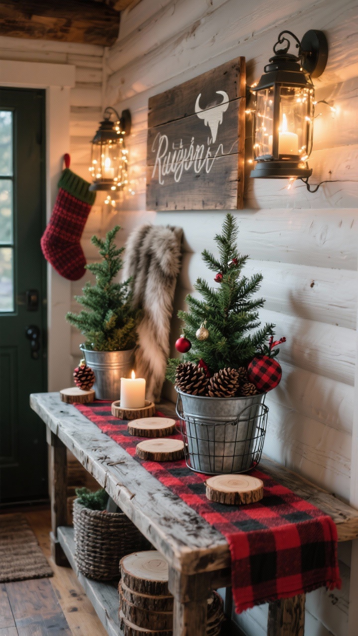 Photorealistic medium shot from a cozy corner angle of a Rustic Cabin entry table: a distressed wood console with a red-and-black buffalo plaid runner. Style mini pine trees in galvanized buckets, a wire basket brimming with pinecones and plaid-wrapped ornaments, and wood slice coasters used as small risers. Hang a chunky knit stocking from one corner. Add lanterns filled with warm fairy lights, a hand-lettered wood sign leaning against the wall, and a casually draped faux fur throw. Include a small cedar/balsam scented candle glowing. Color palette: forest green, red, charcoal, natural wood, warm white. Warm, cabin-like evening lighting with piney coziness. No people.