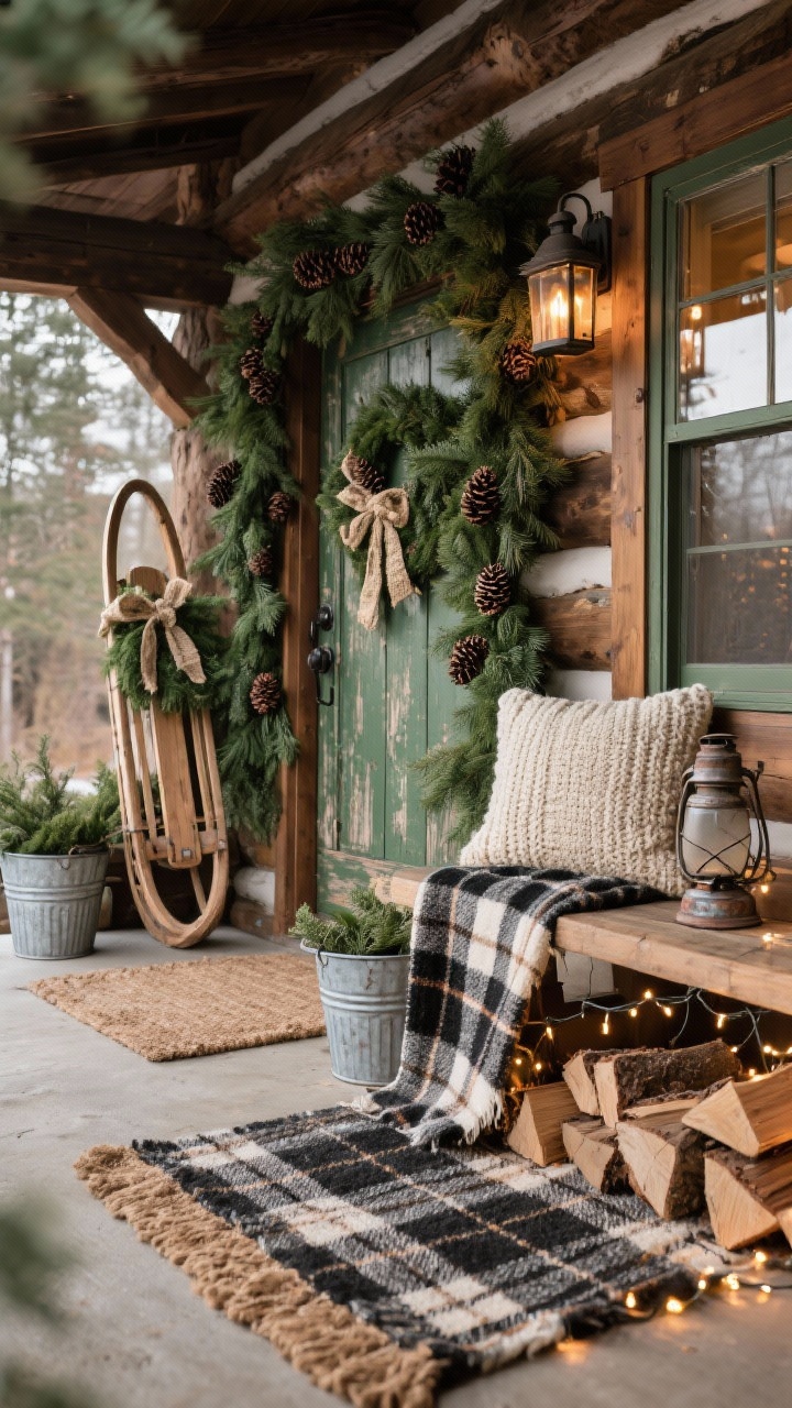 Photorealistic medium shot from a cozy corner angle capturing a rustic lodge porch: thick pine-and-cedar garland dotted with pinecones and buffalo plaid ribbon framing the doorway, a weathered wooden sled leaning against the wall with a small greenery swag tied in jute, layered buffalo plaid outdoor rug under a natural coir mat, galvanized buckets filled with cut firewood and twinkling fairy lights, old weathered lanterns, a chunky knit pillow on the bench, a vintage-style thermos; forest green, black, cream, rustic wood tones; warm, lodge-like ambiance.