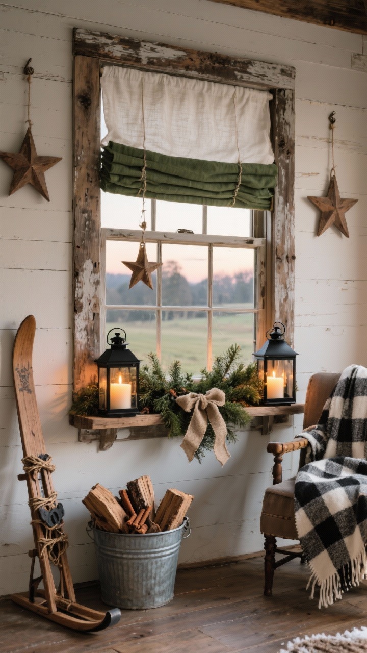 Photorealistic medium shot from a side angle of a rustic farmhouse window: distressed wood window frames, unfinished linen roman shades, a thick pine-and-cedar garland layered across the sill; nestled black iron lanterns with flameless pillar candles glowing, cinnamon sticks tied with twine, and burlap ribbon accents; a pair of hanging wooden stars flanking the center of the window; nearby, a galvanized bucket of firewood, a small wooden sled or skis leaning, and a buffalo check throw on a chair; colors: forest green, warm white, black metal, natural wood; warm, candlelit, countryside mood in early evening.
