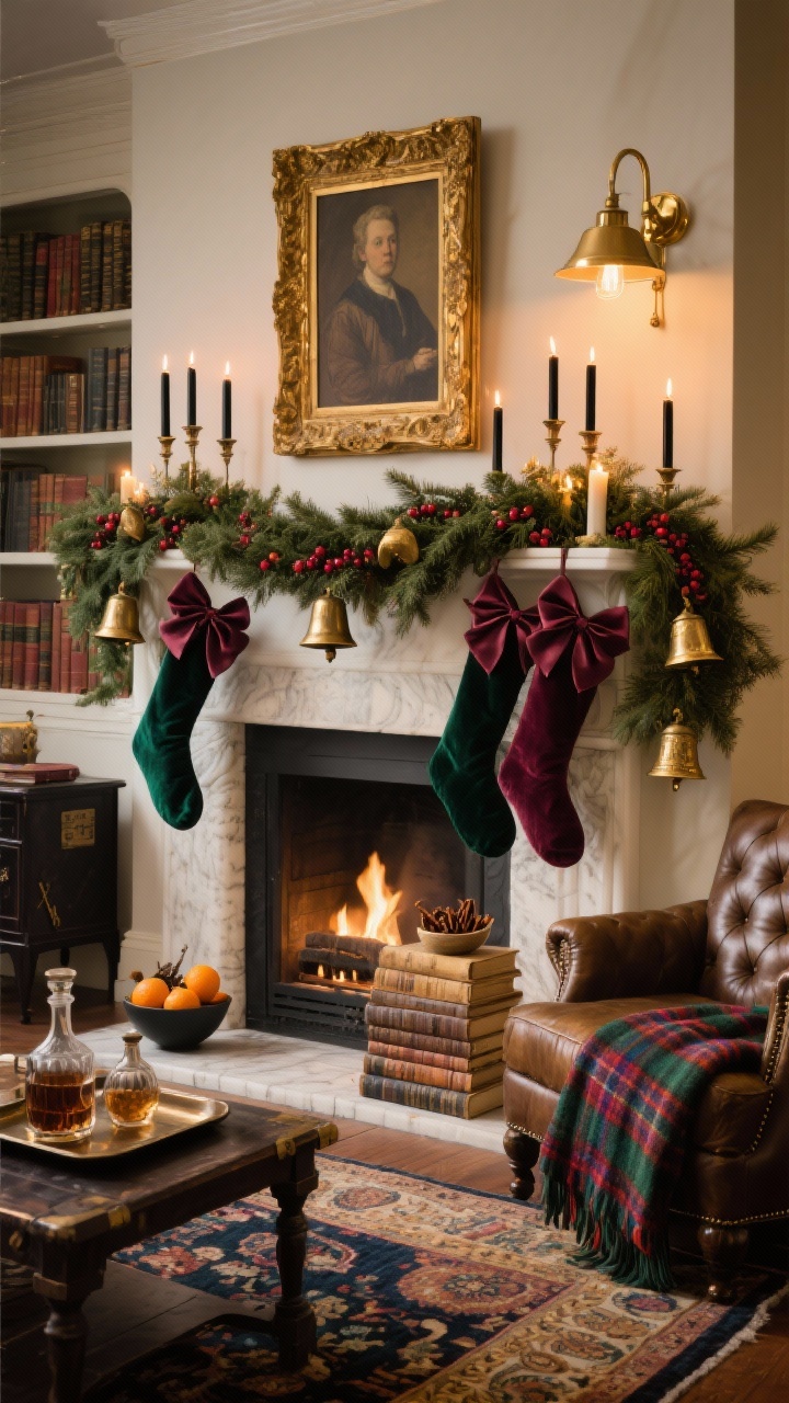 Photorealistic medium shot from a slight corner angle of “Vintage Library Glam” mantle: a thick cedar-and-berry garland draped across the mantle, tucked with vintage brass bells and wax-dipped faux candles, black taper candlesticks interspersed. Velvet stockings in deep emerald and merlot hang, each tied with wide satin bows. Above the mantle, a gilded vintage-style portrait lit by a brass picture light casts a warm glow. Accents on the hearth include a small bowl of cloves and oranges and a stack of weathered books beside a decanter set on a tray. Background hints: tufted leather chair, dark wood side table, campaign-style coffee table, Persian-style rug in jewel tones, plaid wool throw. Golden, candlelit ambiance; romantic, richly layered atmosphere.