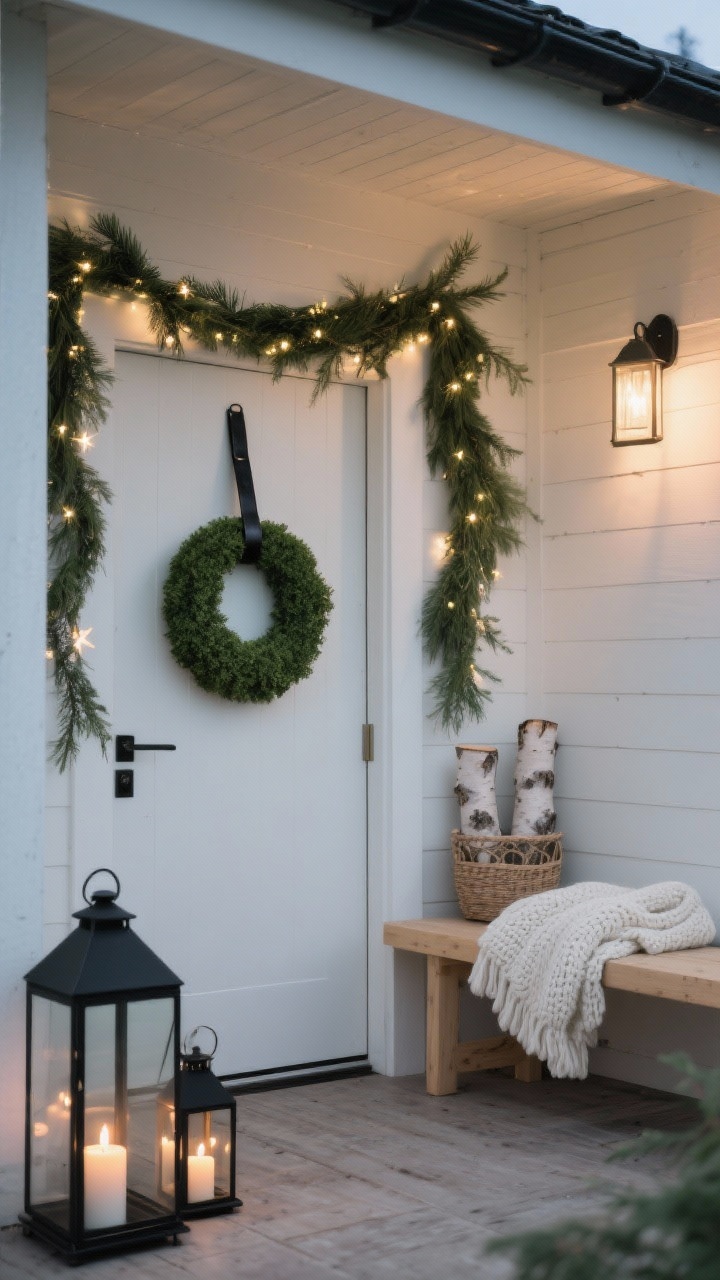 Photorealistic medium shot from a slight corner angle of a calm Nordic minimalist porch at twilight: simple cedar garland draped loosely across the doorway with a subtle strand of micro LEDs woven in for a starry glow, matte black lanterns with flickering candles on the floor, a low blond wood bench topped with a chunky ivory knit throw, door featuring a clean boxwood wreath hung by a slim black leather strap, pair of birch logs in a minimal basket; colors soft green, black, natural wood, warm white; uncluttered composition with soft ambient light.