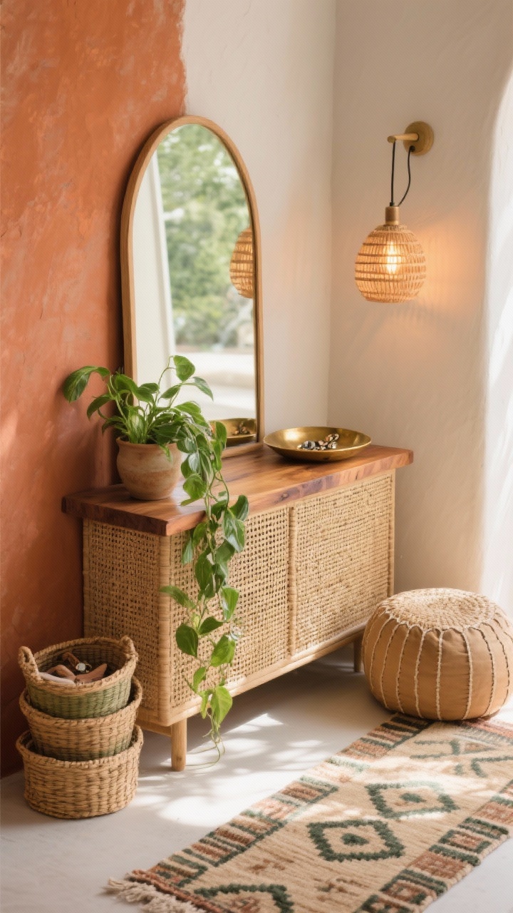 Photorealistic medium shot from a slight corner angle of a boho rattan nook: a cane-front console topped with a warm wood slab, anchored by a tall arched mirror leaning casually against the wall. Color story of terracotta, sandy beige, and olive green. A woven pouf for seating, a cascading pothos in a ceramic pot draping over the console edge, and stacked baskets for essentials. A hammered brass tray holds jewelry. Overhead or side lighting from a rattan pendant or plug-in sconce with a warm bulb; underfoot, a block-print runner or kilim rug adds pattern. Sun-kissed, relaxed vibe.