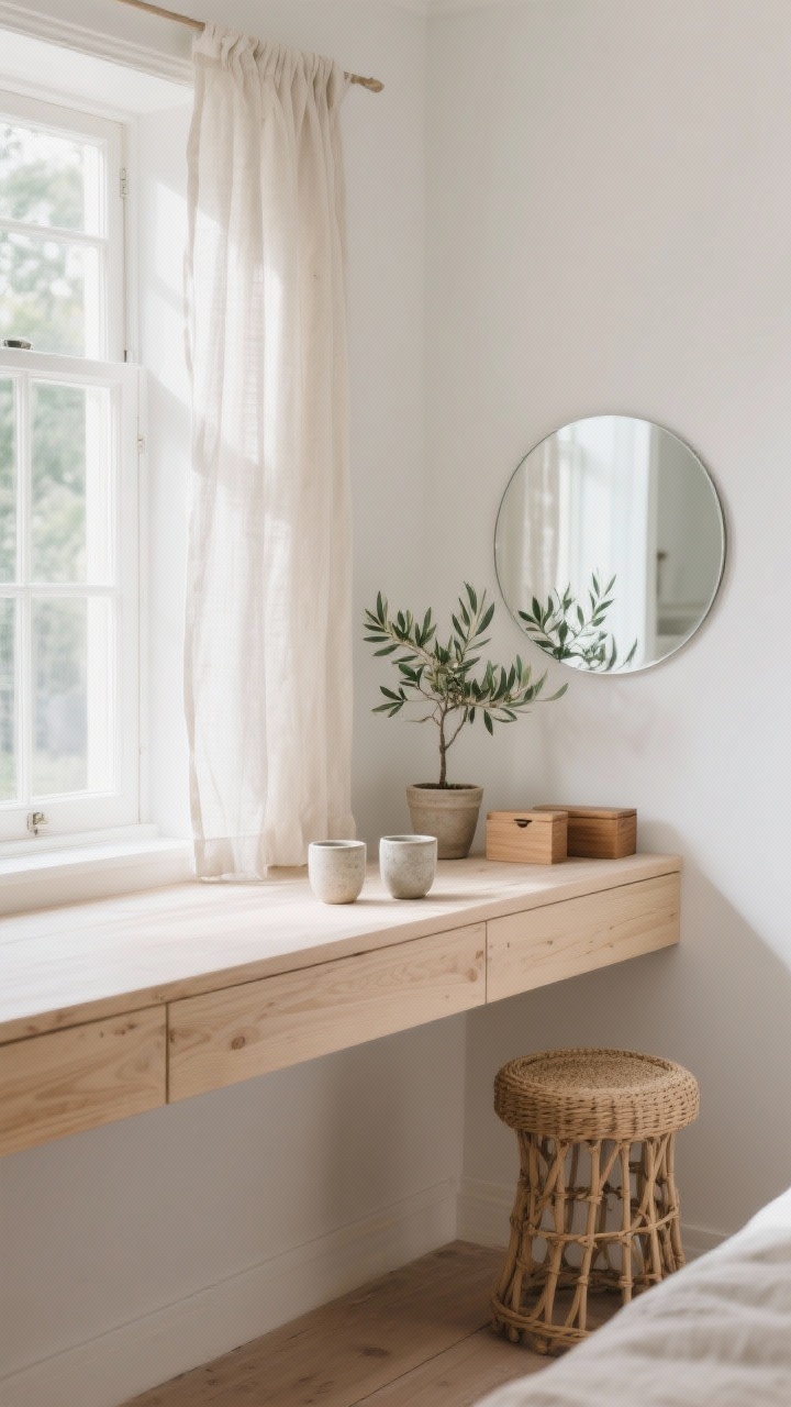 Photorealistic medium shot from a slight side angle of a Scandinavian window ledge vanity: custom matte light ash or birch ledge spanning sill to sill, pivoting round mirror mounted to the side to preserve light, soft white walls, sheer flax curtains diffusing sunlight. Woven paper-cord stool tucked in; stoneware cups and small oak boxes neatly corral items. A tiny potted olive tree on the ledge. Clean, airy, natural warmth with pale woods, ceramic, linen, and greenery; bright daytime lighting.