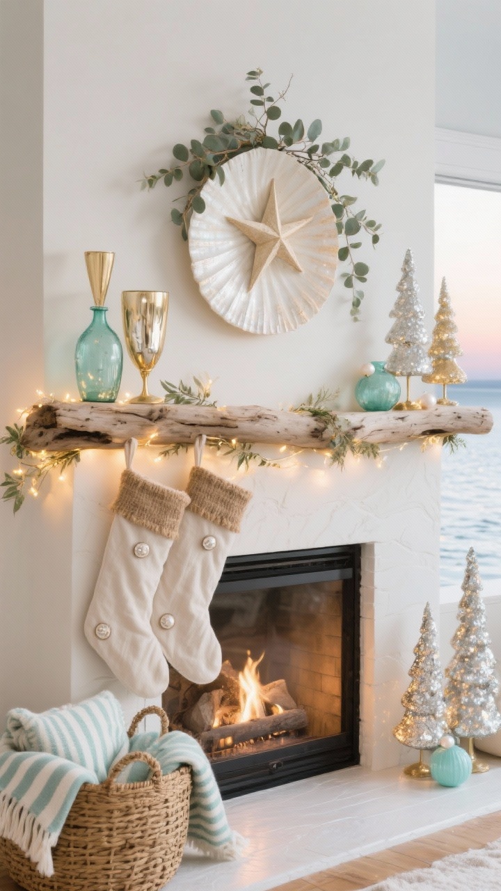 Photorealistic medium shot from a slight side angle of a coastal-inspired mantle: a length of driftwood used as a mantel topper with a sparse eucalyptus garland threaded with tiny fairy lights; an oversized shell or starburst wreath centered above; seaglass vases and champagne-toned mercury glass trees in varying heights adding shimmer; linen stockings trimmed with jute and mother-of-pearl buttons; ornament accents in pale aqua and pearl nearby; a woven rattan basket with blankets in coastal stripes at the hearth. Lighting is soft and luminous, like a winter sunset over water, with champagne gold highlights and an airy, breezy mood.
