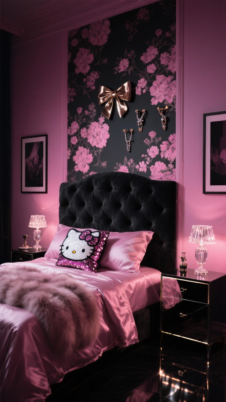Photorealistic medium shot, “Glam Night In Pink And Black”: walls painted deep rose/mauve, black velvet tufted headboard, satin sheets with a plush faux fur throw, Hello Kitty sequin cushion catching the light, mirrored nightstands on both sides with crystal lamps, thin black gallery frames for artwork, floor-length mirror with LED backlighting creating a dramatic glow, one accent wall in black-and-pink floral wallpaper, metallic bow hooks for jewelry glinting; moody evening lighting with reflective surfaces; straight-on composition centered on the bed.