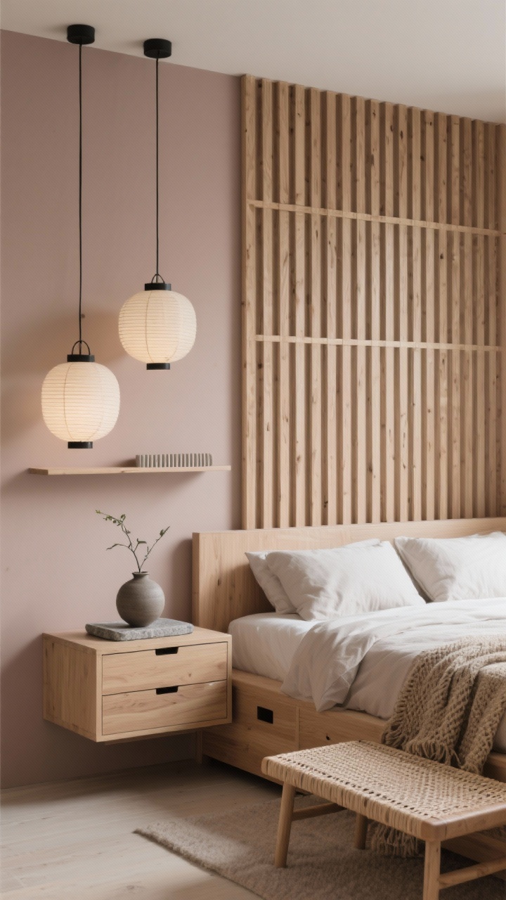 Photorealistic medium shot, Japandi Calm With Clever Storage: mushroom-colored walls, low ash wood bed with built-in drawers, floor-to-ceiling slatted wood panel as minimalist headboard feature, pair of paper lantern pendants hung low as bedside lights, slim wall-mounted shelf as nightstand with a ribbed stone tray, woven bench at the foot for extra blankets, neutral bedding, single ikebana-style stem in a matte ceramic vase; textures woven jute, rice paper, smooth ceramic, light ash wood; black ink accents minimal; soft diffused daylight, serene clutter-free mood; slightly off-center composition to showcase storage drawers.