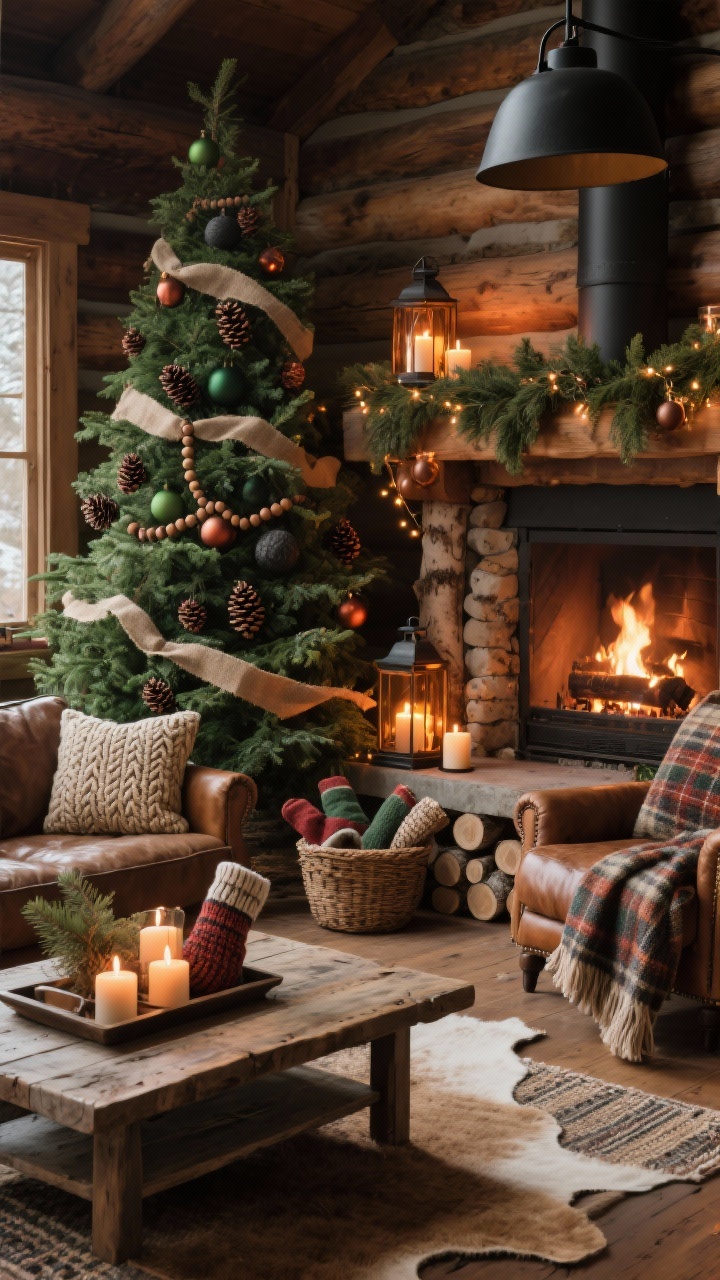 Photorealistic medium shot, low corner angle of a Rustic Cabin Glow living area by a hearth: natural green tree adorned with pinecones, wood bead garlands, and burlap ribbon; ornaments in rust, forest green, charcoal, and copper. Weathered wood coffee table, leather sofa or club chair, blackened iron floor lamp. Textiles include plaid wool throws, cable-knit pillows, layered jute or hide rug over a flatweave. Decor features lanterns with pillar candles, birch logs stacked by the fireplace, fresh cedar garland across the mantel. Amber glass votives and brown-wire fairy lights casting a warm fire-lit glow; basket of knit stockings and pine-scented candles on a tray; cozy, earthy, no people.