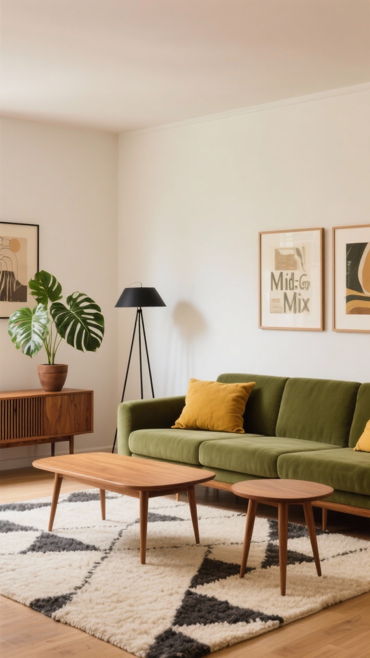 Photorealistic medium shot “Mid-Century Mix”: olive green couch with mustard pillows, warm teak furniture—tapered-leg side tables and a slatted console—set against warm white/pale mushroom walls, cream-and-graphite geometric rug underfoot, black tripod floor lamp adding contrast, retro art prints on wall, a leafy monstera in a simple planter, wool rug texture and smooth wood grain visible, balanced daylight with soft shadows, straight-on view, no people.
