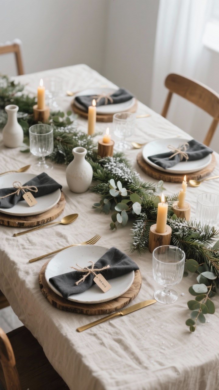 Photorealistic medium shot of a calm, minimal Nordic Christmas tablescape: oatmeal linen tablecloth with a low cedar garland runner tucked with silvery eucalyptus, matte white stoneware plates on raw wood chargers, charcoal linen napkins tied with twine and tiny name tags, brushed brass flatware, clear patternless glassware, beeswax taper candles in simple wood holders staggered through the garland, a few minimal ceramic bud vases; palette of white, oatmeal, sage green, charcoal, honey gold; soft low evening lighting for a warm flickering glow, quiet snowy-morning vibe, shot from a slightly elevated corner angle to show textures and layers, no people.