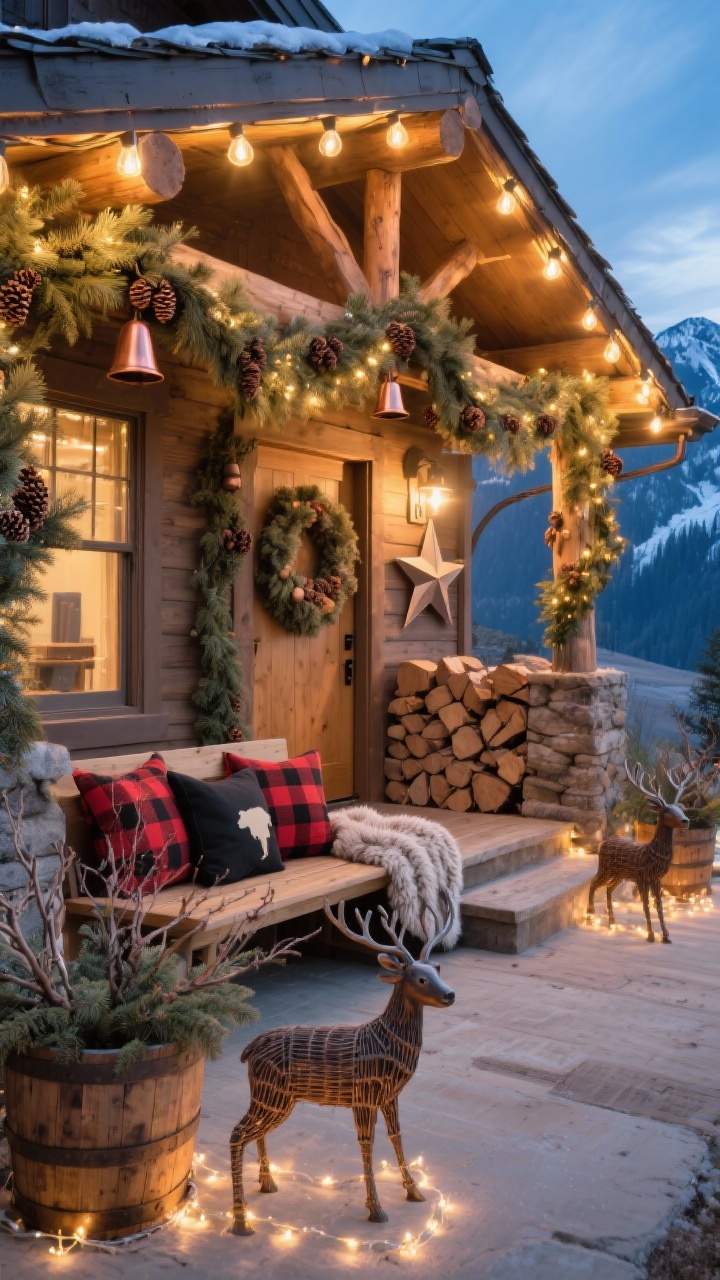 Photorealistic medium shot of a cozy Alpine lodge porch at blue hour: roofline and porch beams outlined with warm Edison-style string lights for a golden glow; lush pine garlands with copper bells and pinecones; plaid accents visible; a wooden bench styled with red-and-black buffalo check pillows and a chunky knit throw; whiskey-barrel planters packed with evergreen boughs, twig branches, and oversized metal stars; two rustic reindeer figures (metal or rattan) on the ground wrapped in soft fairy lights; a faux fur–trimmed wreath on the door; a neat stack of cut wood by the steps; warm, rustic mountain-lodge atmosphere.