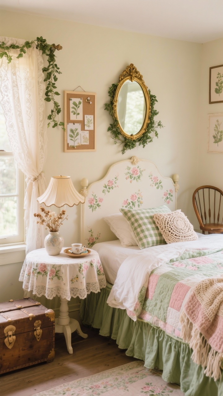 Photorealistic medium shot of a Cozy Cottagecore Nook bed and bedside vignette: palette of buttercream, dusty rose, and fern green. Ruffled floral duvet layered with a folded quilt at the foot; gingham pillow and crocheted throw. Skirted bedside table (fabric-draped round table) holding a ceramic bud vase with dried flowers and a scalloped lampshade lamp. Faux ivy garland framing a pinboard on the wall; thrifted gold-framed mirror reflecting soft light. Lace-trim curtains, botanical prints, spindle chair in the background, wood trunk for storage at bed’s end. Add a floral peel-and-stick headboard decal and a mini tea tray on the windowsill. Soft, warm afternoon light, straight-on view.