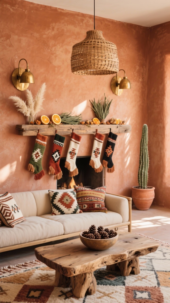 Photorealistic medium shot of a desert holiday den mantel and seating area: terracotta or clay-toned limewash walls with sun-washed texture. Reclaimed wood mantel draped with bleached pampas, dried citrus slices, and sage bundles. Handwoven stockings with Navajo-inspired motifs in rust, sage, cream, and black, finished with suede tassels. Low-slung sand-colored sofa with mixed kilim pillows. Flatweave rug with geometric diamonds in sun-faded hues. Live-edge mesquite coffee table holding a ceramic bowl of pinecones. Woven rattan pendant overhead and hammered brass sconces providing warm, golden light. A cactus in a terra-cotta pot in the corner; late-afternoon sunlight casting long, warm shadows; slight overhead-to-corner perspective.