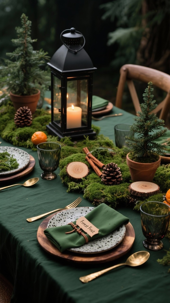 Photorealistic medium shot of a “Forest Feast” rustic-luxe table from a low side angle: dark green linen tablecloth topped with a lush live moss runner; speckled stoneware plates on wood chargers; moss green napkins finished with leather cord and a small wood slice name tag; smoked glass tumblers and hammered brass flatware. Center height from black iron lanterns; clipped pinecones, cinnamon sticks, and dried oranges nestled into greenery; a couple mini fir trees in clay pots creating woodland magic. Color palette: deep green, warm brown, brass, charcoal. Textures: moss, wood grain, iron, stoneware. Soft, moody candlelight with subtle fir-scented ambiance implied; no people.