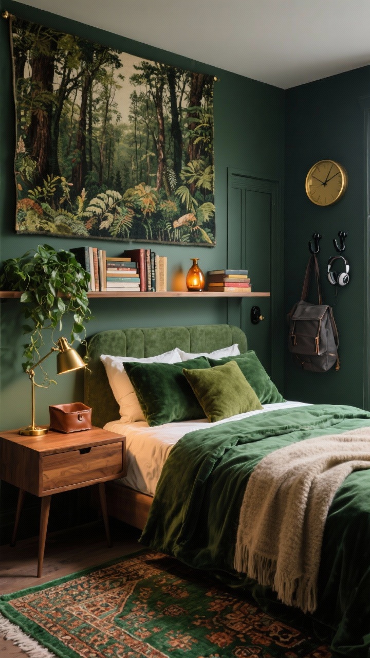 Photorealistic medium shot of a Forest Study bed and study wall: deep hunter green comforter with moss velvet pillows, cream sheets and a wool-look beige throw, warm walnut desk with a brass task lamp and leather catchall, forest-print tapestry or botanical gallery wall adding height, Persian-style rug with green and rust notes under the bed, over-bed shelf styled with stacked books, a trailing pothos, and brass bookends, matte black hooks on the door holding bags/headphones, brass-framed clock and amber glass diffuser completing cozy library energy, warm ambient lighting, slightly moody corner perspective