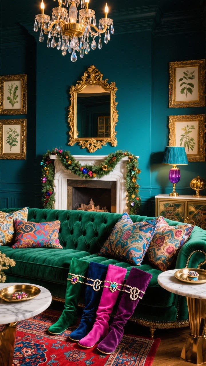Photorealistic medium shot of a maximalist jewel-box lounge mantel and seating vignette: deep peacock walls, emerald tufted velvet sofa edge in frame. Mantel draped with a velvet ribbon garland; richly colored velvet stockings (emerald, navy, fuchsia, plum) with contrasting silk cuffs, beaded monograms, and clipped vintage brooches for sparkle. Above, an ornate gilt-framed mirror and oversized gilt-framed botanical prints. Persian-style rug with saturated reds and blues peeking below. Brass chandelier with faceted drops glinting; jewel-toned glass lamps on a sideboard. Metallic trays and marble coasters on a side table, patterned pillows layered on the sofa. Dramatic glam lighting with warm highlights and deep shadows; three-quarter angle.