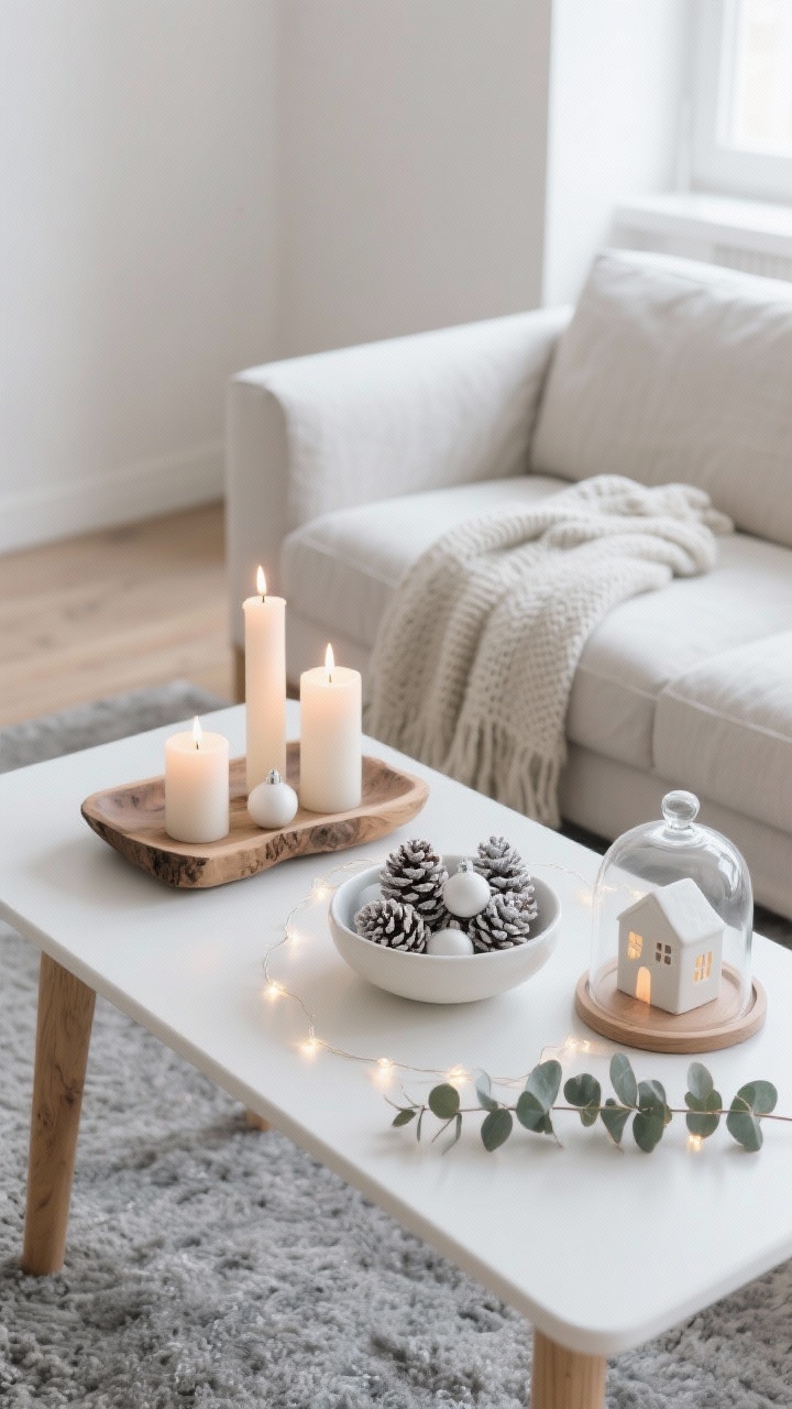 Photorealistic medium shot of a minimal Nordic living room corner: pale linen sofa with a soft knit throw, soft gray rug, and a matte white oak coffee table. On the table, a raw-edge wooden tray anchors a low white ceramic bowl filled with frosted pinecones and mini matte-white ornaments. Off-center, a trio of soft, unscented pillar candles flickers gently; a delicate strand of fairy lights is draped and tucked beneath a sprig of eucalyptus. A single glass cloche covers a tiny ceramic house with a warm glow. Palette: whites, soft grays, natural light wood. Lighting: calm daylight with gentle candlelight sparkle. Clean, airy, restful mood; focus on matte finishes and gentle sparkle; no people.