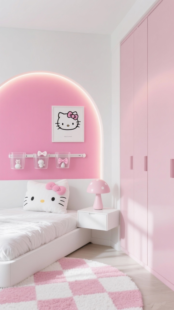 Photorealistic medium shot of a minimalist “kawaii capsule” bedroom corner: white walls with a bold bubblegum pink color-blocked rounded-arch headboard shape painted behind a low white platform bed; floating white nightstand; floor-to-ceiling wardrobe with matte pink doors; clear acrylic bins displaying tiny Hello Kitty sculptures and hair bows; framed line-art Hello Kitty poster, Kitty-shaped pillow, subtle bow hook rail; slim LED light strip glowing behind the arch and a soft pink mushroom table lamp; flat-woven white-and-pink checkerboard rug grounding the scene; airy, clutter-free styling; slight corner angle, daytime natural light plus LED accent.