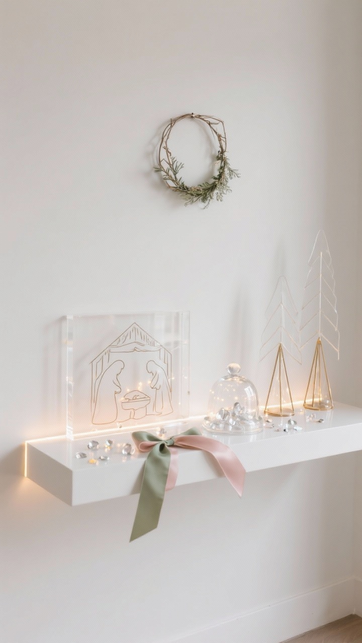 Photorealistic medium shot of a modern minimal floating shelf display: white wall, clean white floating shelf backlit with a thin LED strip for an ambient halo. Feature a clear acrylic nativity or line-art silhouettes, glass cloches with micro fairy lights, and a scattering of mirrored confetti or clear vase gems. Add geometric trees in frosted acrylic and slender metal wire triangles. Include a single satin ribbon in blush or sage loosely tied along the shelf edge. Above the shelf, hang a simple metal wreath with minimal greenery. Keep 30–40% negative space for breath. Color accents: soft champagne metallics with blush/sage. Lighting: warm, even glow with subtle reflections. Angle: straight-on, gallery-clean.