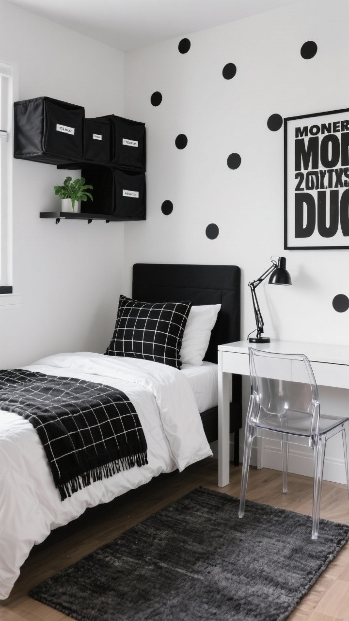 Photorealistic medium shot of a Modern Monochrome dorm bed and desk vignette: crisp white bedding topped with a black grid duvet/throw, a black headboard pillow, charcoal area rug beneath, streamlined white lacquer desk with a black metal task lamp, clear acrylic chair that visually disappears, removable black dot decals forming a graphic wall feature, black fabric storage cubes with white labeling, bold typographic poster in a slim black frame, single emerald plant softening the high-contrast black-and-white geometry, consistent metal accents in matte black, straight-on view with bright, even lighting