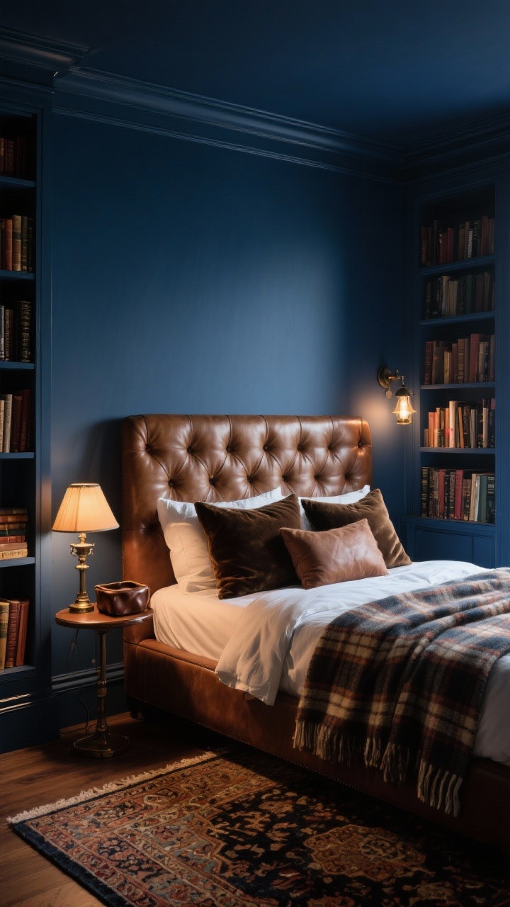Photorealistic medium shot of a Moody Library Nook: inky blue walls with a tufted upholstered headboard in tobacco leather, bed dressed in high-thread-count sateen with layered velvet pillows and a plaid wool throw. Built-in bookcases filled with books frame the scene. At the bedside, a vintage-look banker’s lamp glows warmly beside a leather catchall. Persian-style rug with rich, timeworn tones peeks into frame. Layered lighting visible: soft-glow floor lamp and a library sconce in background, creating a cocooned, evening ambience; angled corner perspective.