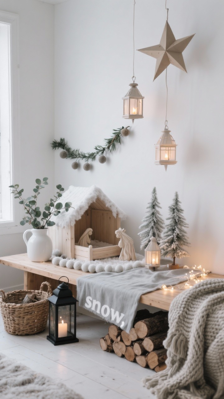 Photorealistic medium shot of a Nordic Snow Lodge Christmas crib on a low pine bench against clean white walls, styled with a pale grey linen runner as “snow,” a minimalist bleached-wood nativity set centered, and bleached bottlebrush trees. Include layered paper star lanterns (2–3 oversized stars hung at staggered heights, warm battery tea lights inside), a spriggy eucalyptus garland, felt ball garlands, and warm white fairy lights tucked under the linen for a subtle glow. Add a woven basket of wood logs on the floor, a white ceramic pitcher filled with eucalyptus, a matte black lantern for contrast, and chunky knit throws draped on nearby seating. Color palette: soft whites, pale greys, natural wood. Mood: crisp, calm, cozy. Angle: straight-on at bench height, shallow depth of field, evening ambient warmth.