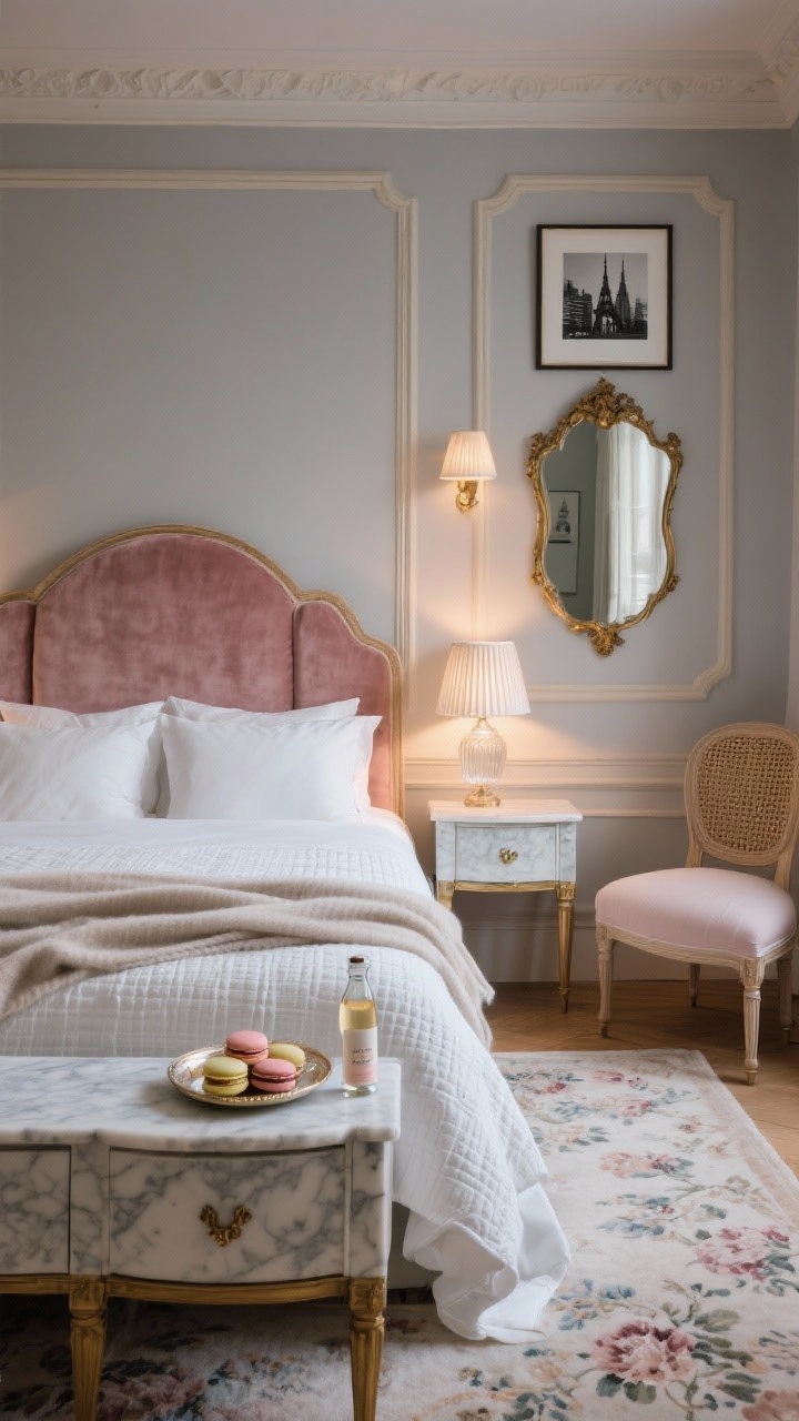 Photorealistic medium shot of a Parisian Chic Hideaway: soft greige walls with cream molding, an arched velvet headboard in dusty rose, bed layered with percale sheets, a white matelassé coverlet, and a cashmere throw. Marble-topped nightstands with brass hardware, fluted glass lamps casting a warm glow, petite picture lights above black-and-white city prints. A gilded vintage mirror reflects the room, caned accent chair to the side, faded floral rug underfoot. On a nightstand tray: macarons, sparkling water, and hand cream. Evening ambiance, straight-on, elegant and refined.
