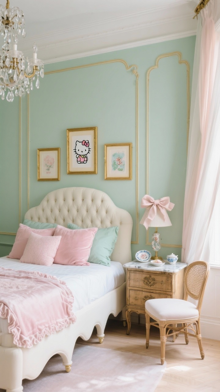 Photorealistic medium shot of a Parisian Pastel Apartment bedroom: pistachio walls with thin picture-frame molding, tufted cream bed with curved legs, scalloped-edge duvet, velvet pillows in pastel pink and mint. Gold-framed Hello Kitty art prints, porcelain trinket dishes on a marble-top nightstand, cane-backed chair tucked under a vintage-style chest. A petite chandelier with crystal drops overhead, bedside lamp with a silk ribbon bow. Cream, pastel pink, pistachio, and gold accents palette. Soft, elegant daylight through sheer curtains; angled perspective to showcase moldings and layered textures.